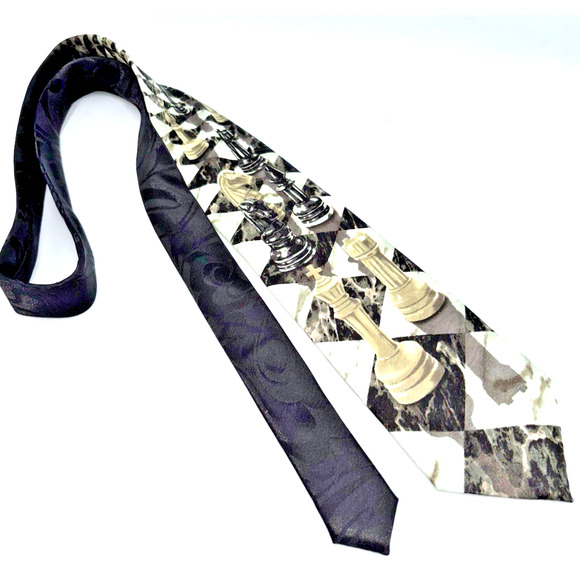 Vtg Tieguys Ralph Marlin Chess Perspective Novelty Necktie Polyester Black White - Picture 7 of 7
